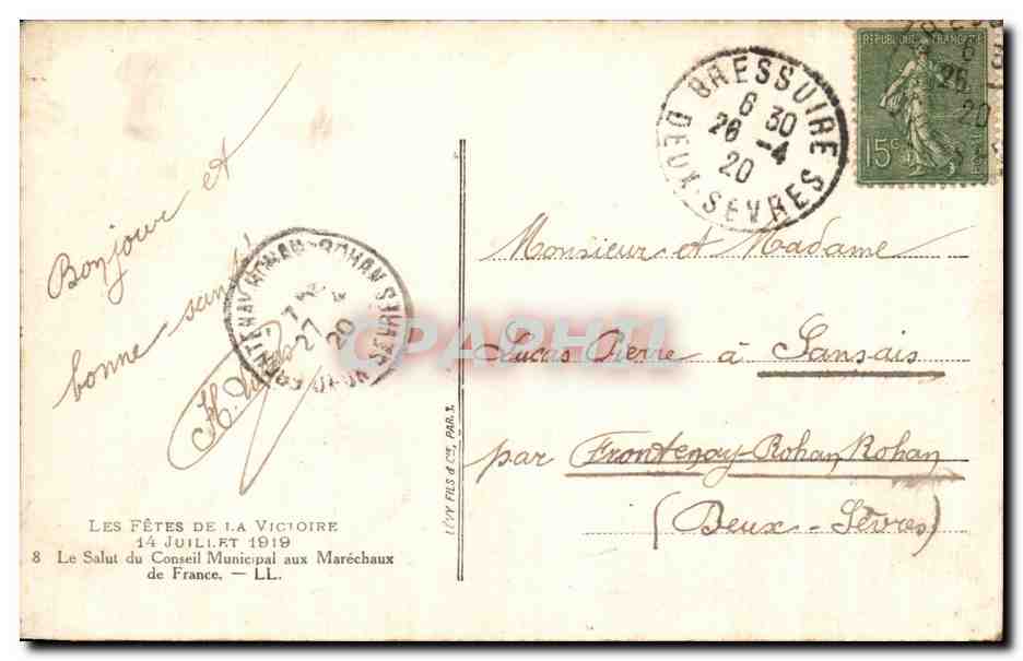 CPA Militaria Paris Fetes de la Victoire 14 juillet 1919 Le salut du conseil municipal aux Marechaux de France  — Verso