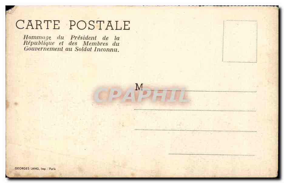 Antike Ansichtskarte Militaria Der Große Krieg 1914 Gedenken des Präsidenten der Republik und der Mitglieder der Regierung dem unbekannten Soldaten — Rückseite