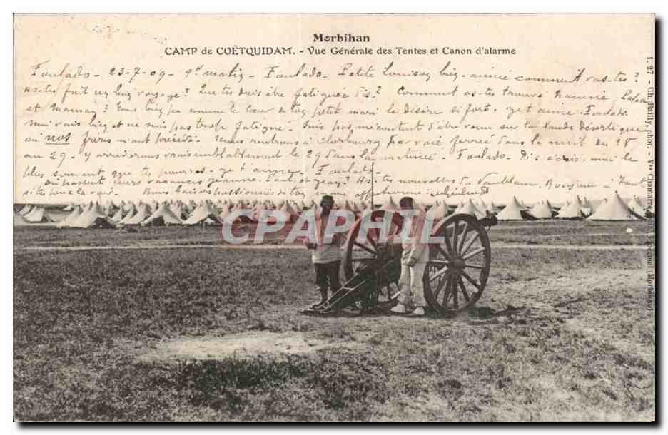 Camp de Coëtquidan — Vue Générale des Tentes et Canon d'alarme — Lith. Fasly, phot. — N° 137
