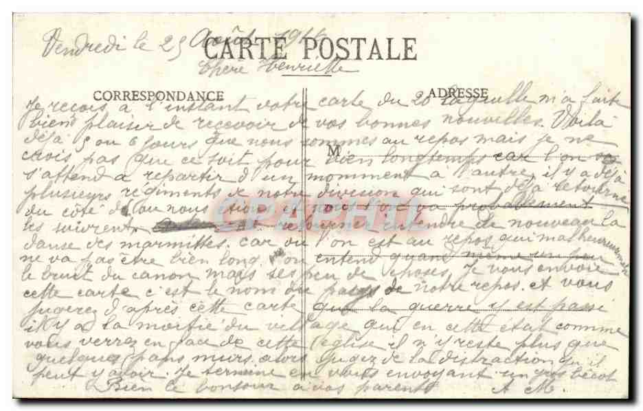 Bauzée-sur-Aire (Meuse) — Rue de l'Église, église et ruines après la Grande Guerre 1914-15-16 — éditeur inconnu — Verso