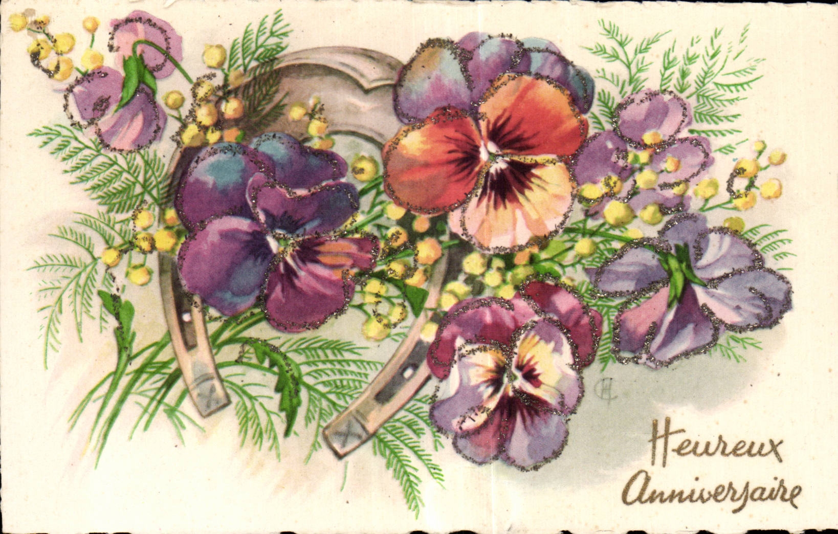 CPA Fantaisie Fleurs Heureux anniversaire Fer a cheval