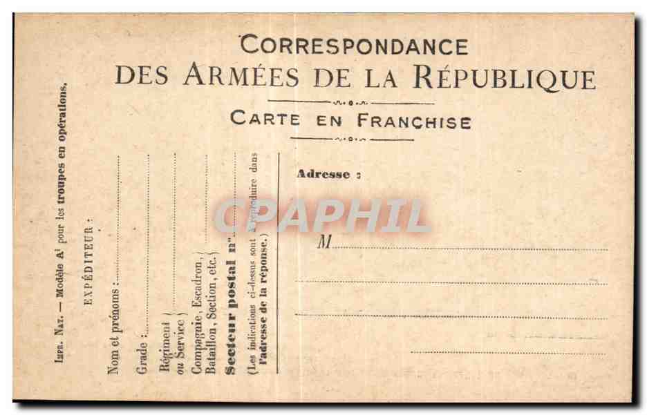 Carte en Franchise militaire Correspondance des armees Militaria Neuve