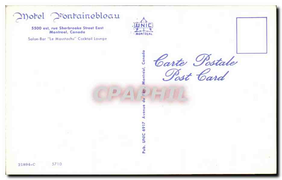 CPA Hotel Montainebleau 5500 est rue Sherbrooke Street East Montreal Canada — Verso