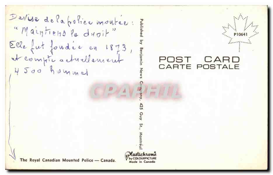 CPA Royal Canadian Mounted Police Canada — Rückseite