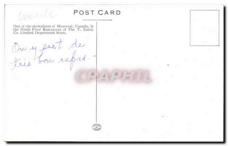 CPA Montreal Canada Ninth Floor Restaurant of the T Eaton Co Limited Department Store — Back