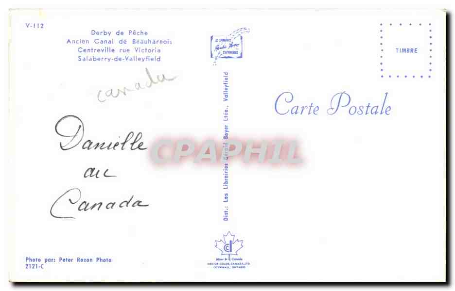 CPA Derby de Peche Ancien Canal de Beauharnois Centreville rue Victoria Salaberry de Valleyfield — Rückseite
