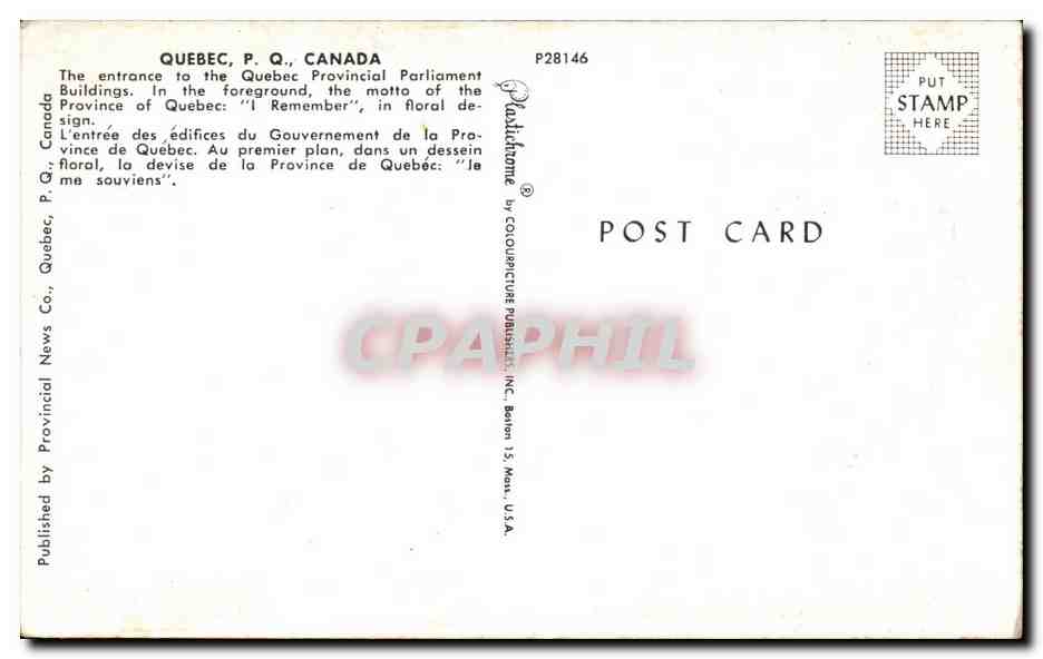 CPA Quebec P Q Canada Entrance to the Quebec Parliament Buildings — Verso