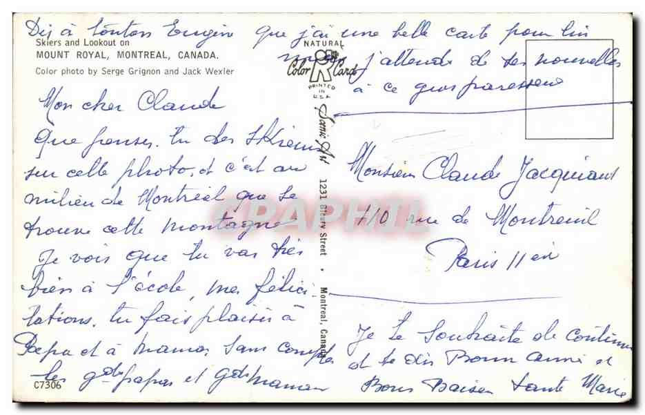 CPA Mount Royal Montreal Canada Ski Skiers and lookout on  — Verso