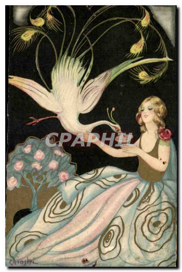 Fantaisie - Femme - woman with peacock - CPA 