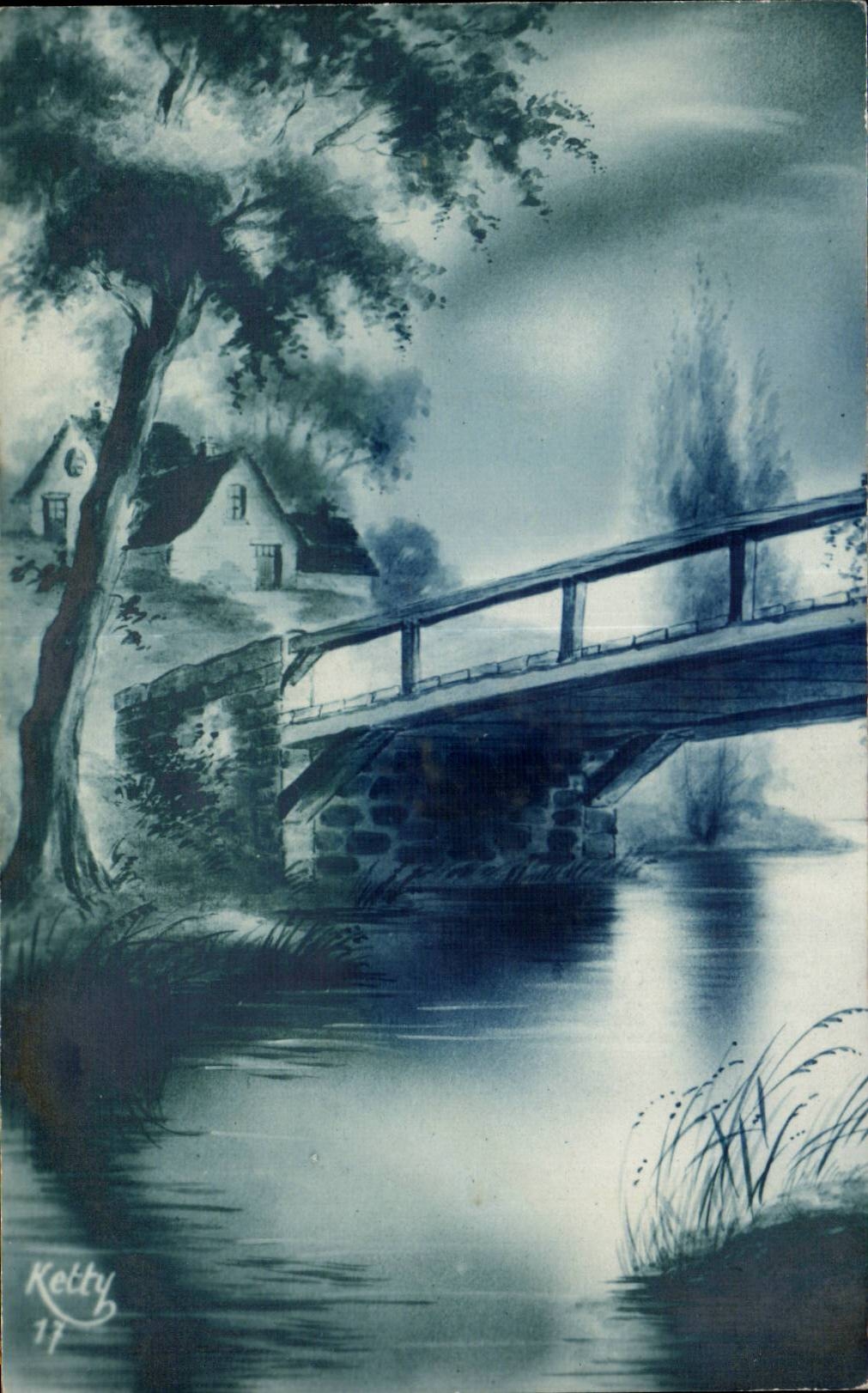 Fleurs Blue tinted country scene - CPA 