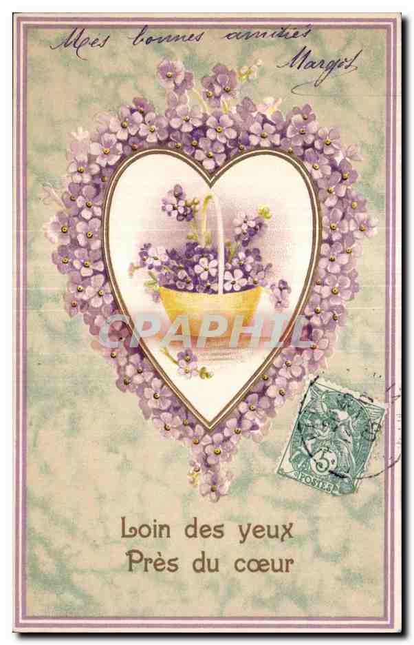 Fleurs Loin des yeux pres du coeur - heart - CPA 