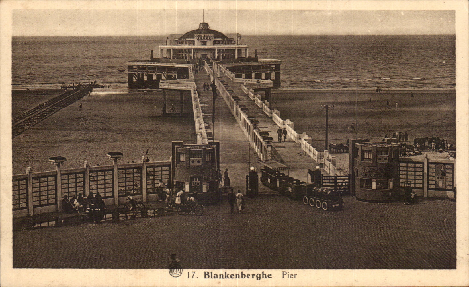 Blankenberge Pier — vue du ponton avec promenade et bains — éditeur Rüdicki, n° 17