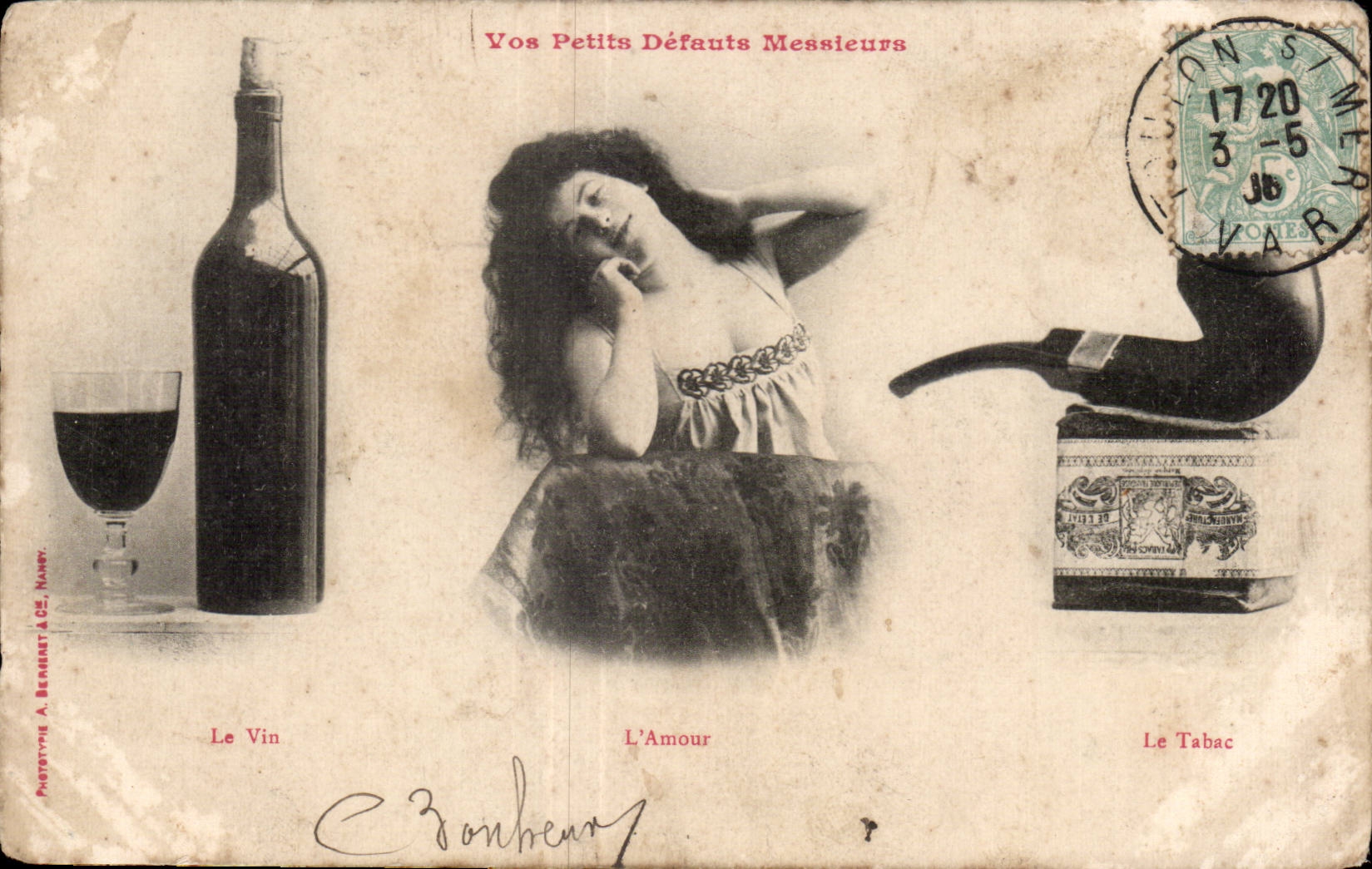 CPA Fantaisie Femme Vos petits defauts messieurs Le vin L amour Le tabac