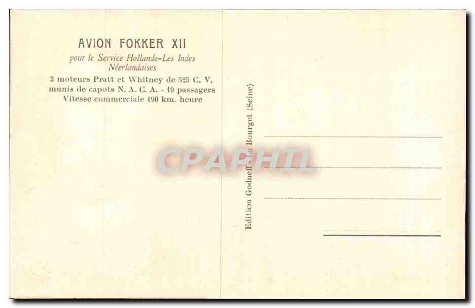 CPA Aviation Avion Fokker XII Service Hollande Les Indes Neerlandaises — Rückseite