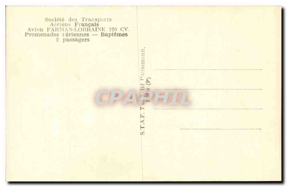 CPA Aviation Avion Transports aeriens francais Avion Farman Lorraine  — Rückseite