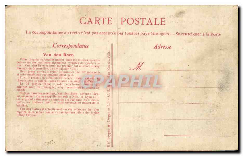 CPA Aviation Avion Van den Born Sur biplan Farman Moteur Gnome Circuit d Anjou Juin 1912 — Rückseite