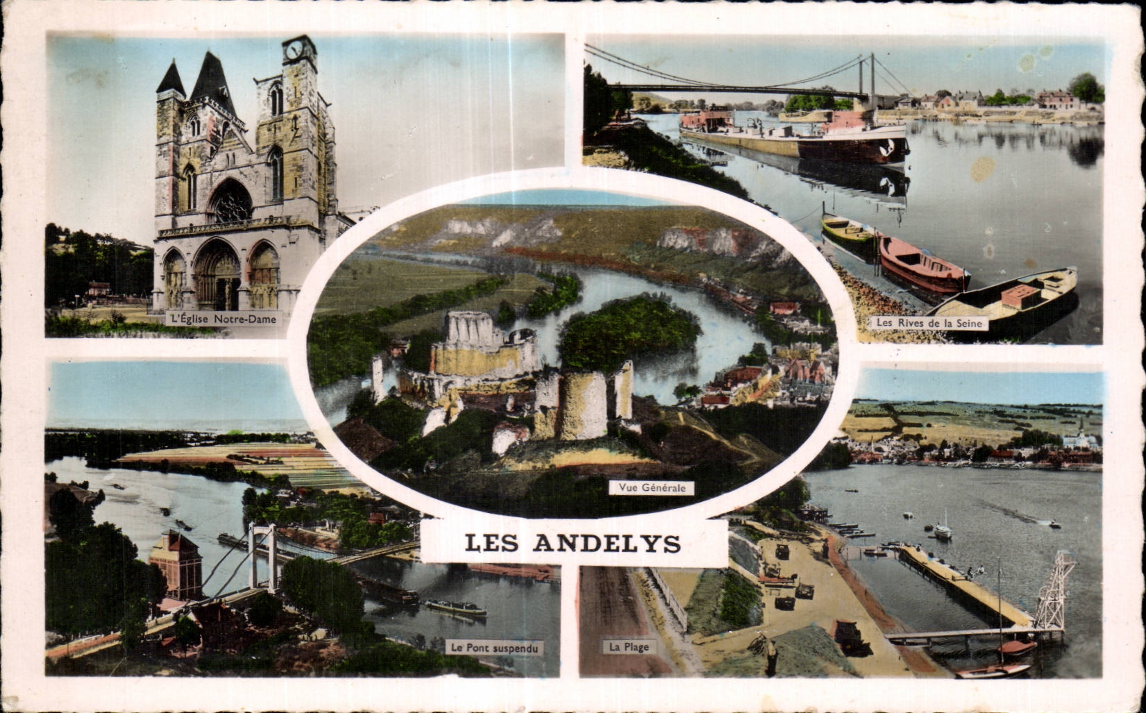 Les Andelys — Vue Générale, l'Église Notre-Dame, les Rives de la Seine, le Pont suspendu, La Plage — Éditions Gaby