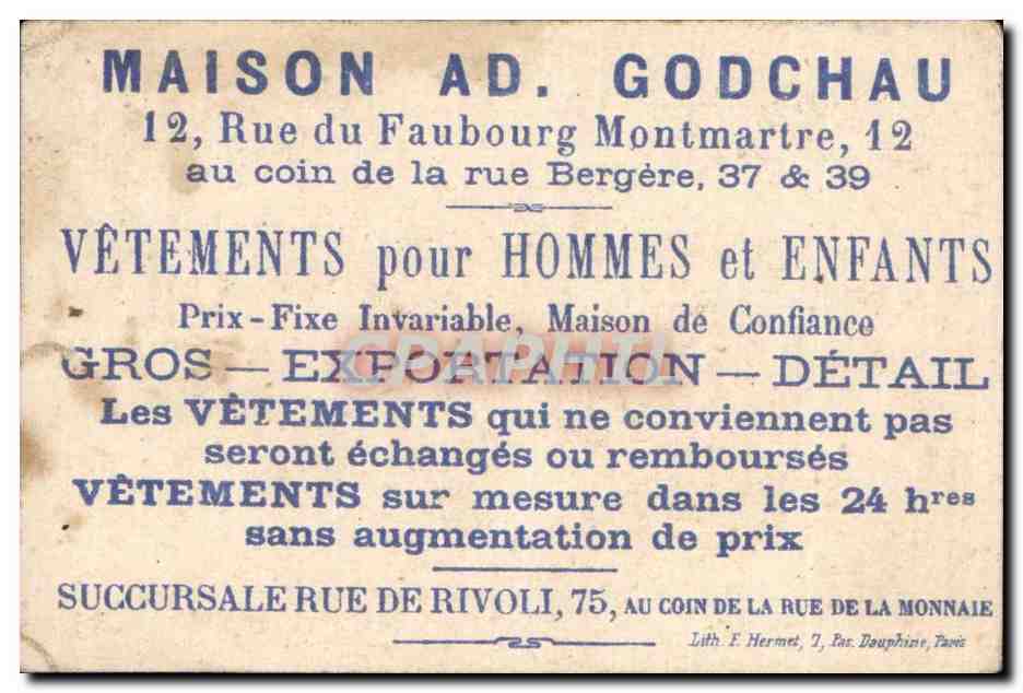Carte Maison Godchau Faubourg Montmartre Vetements pour hommes et enfants — Rückseite