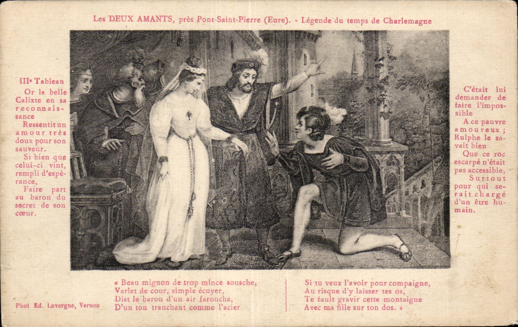 Die ZWEI LIEBENDEN, nahe Pont-Saint-Pierre (Eure) — Legende aus der Zeit Karls des Großen — Foto. Verlag Laverge, Vernon
