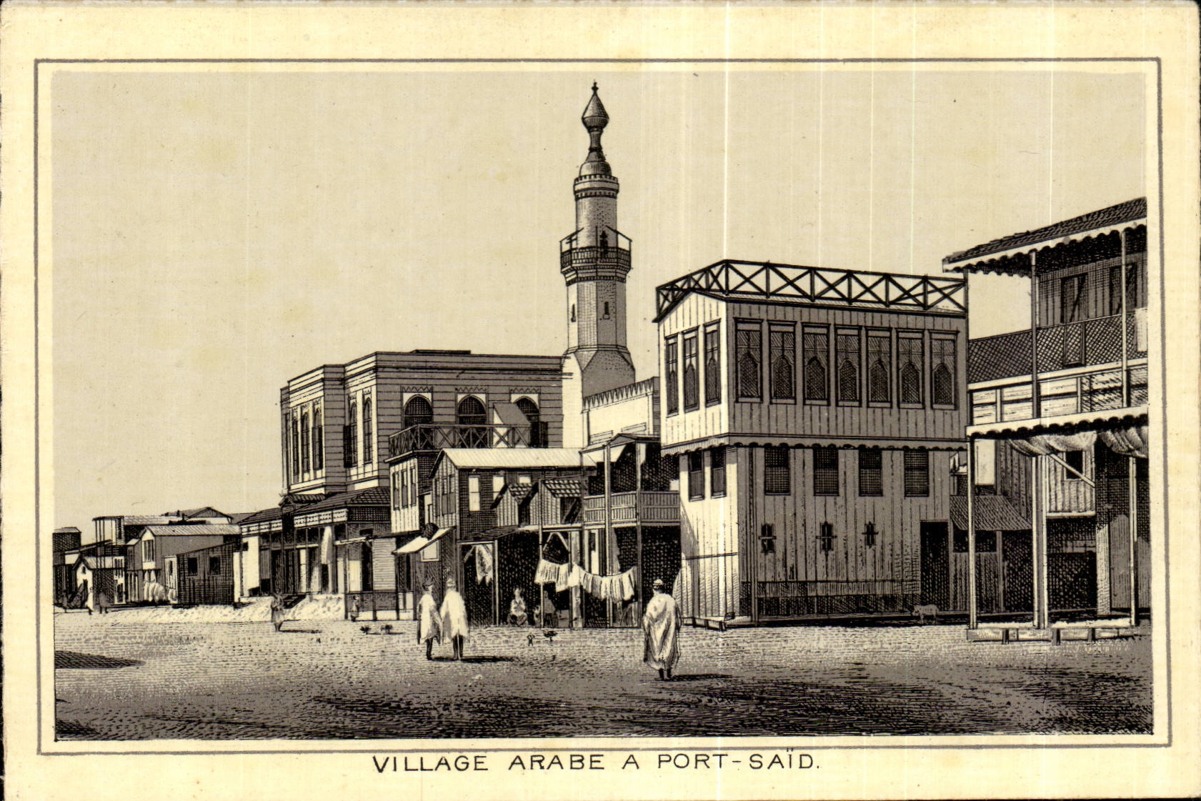 Village arabe à Port-Saïd — gravure monochrome — sans éditeur ni numéro visible