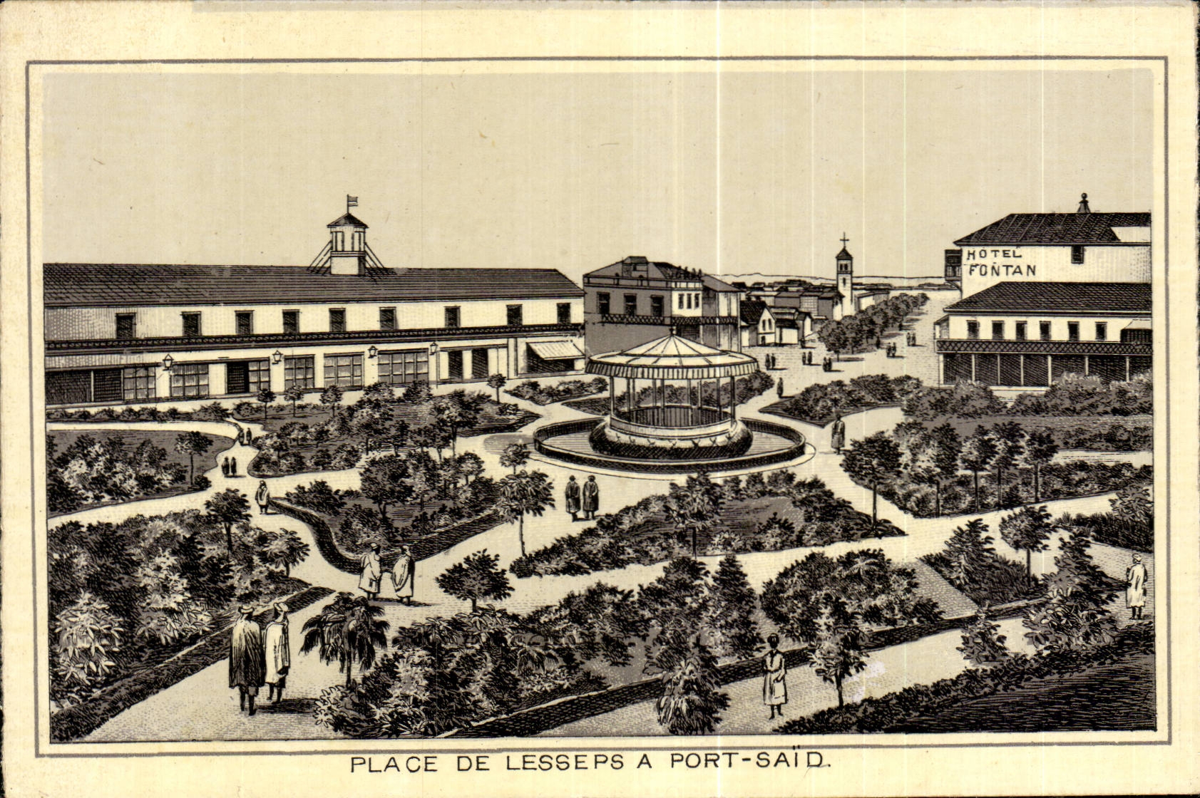 Place de Lesseps à Port-Saïd — vue panoramique avec kiosque central et hôtel Fontan — éditeur non identifié