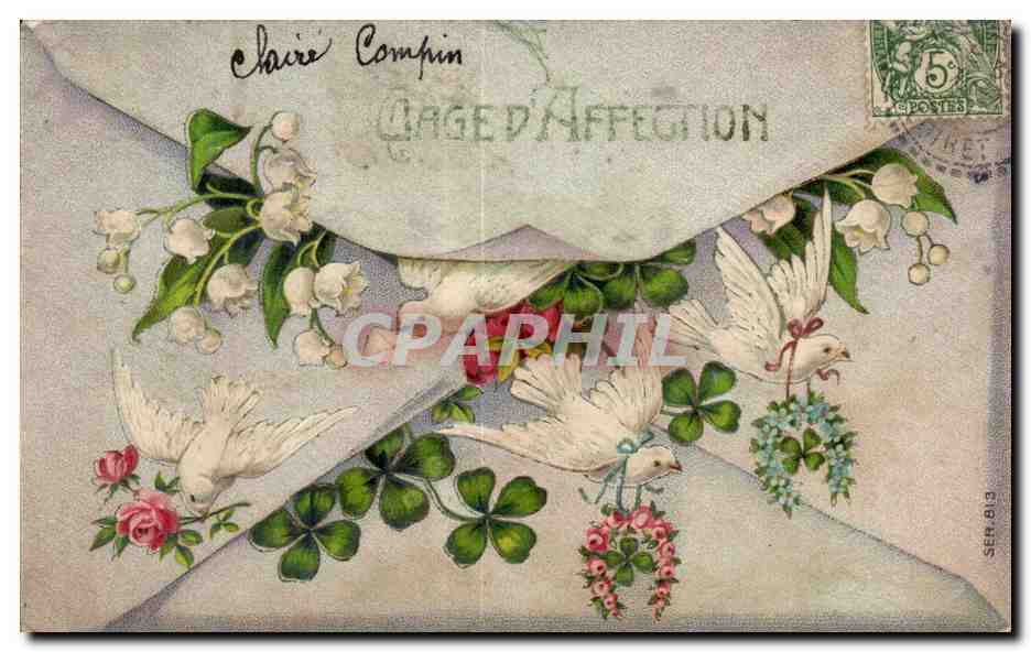 Fleurs lettre - muguet - trefle - lily of the valley - four leaf clover - CPA 