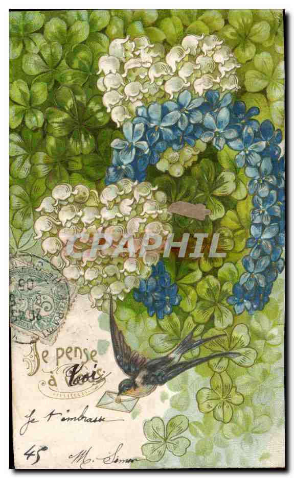 Hydrangeas et oiseau — Je pense à Paris — éditeur : Pellegrès, n°45