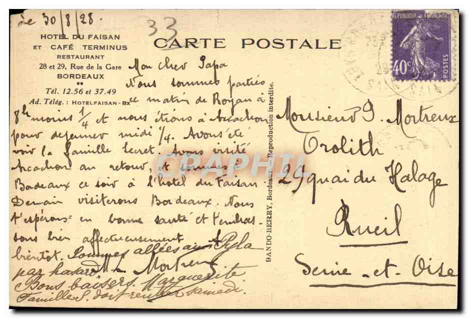CPA Hotel Du Faisan Face a la Gare St Jean Un coin du Hall de I Hotel Bordeaux — Verso