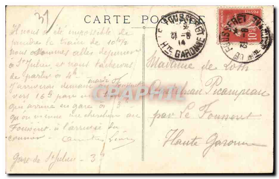 CPA St Julien Haute Garonne Entree du Pont et Eglise Attelage Boeufs — Verso