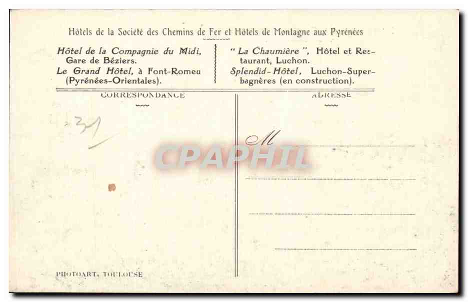 CPA Hotel de la Compagne du midi Toulouse Gare — Rückseite