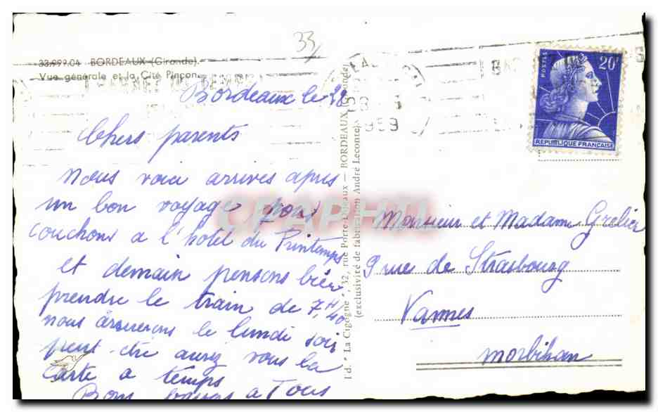 CPSM Bordeaux Vue generale et la cite Pincon  — Rückseite