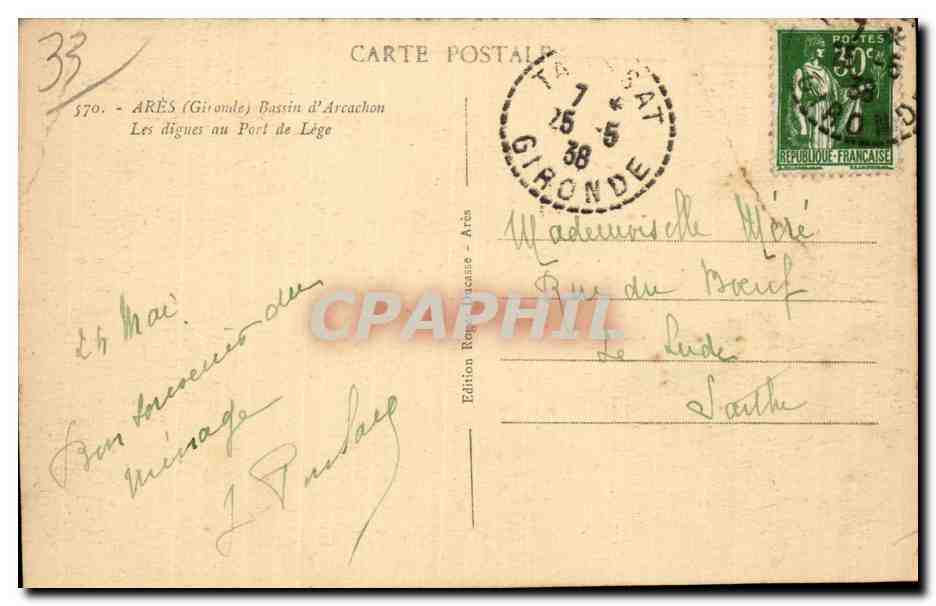 CPA Ares Bassin d Arcachon Les digues au port de Lege — Rückseite