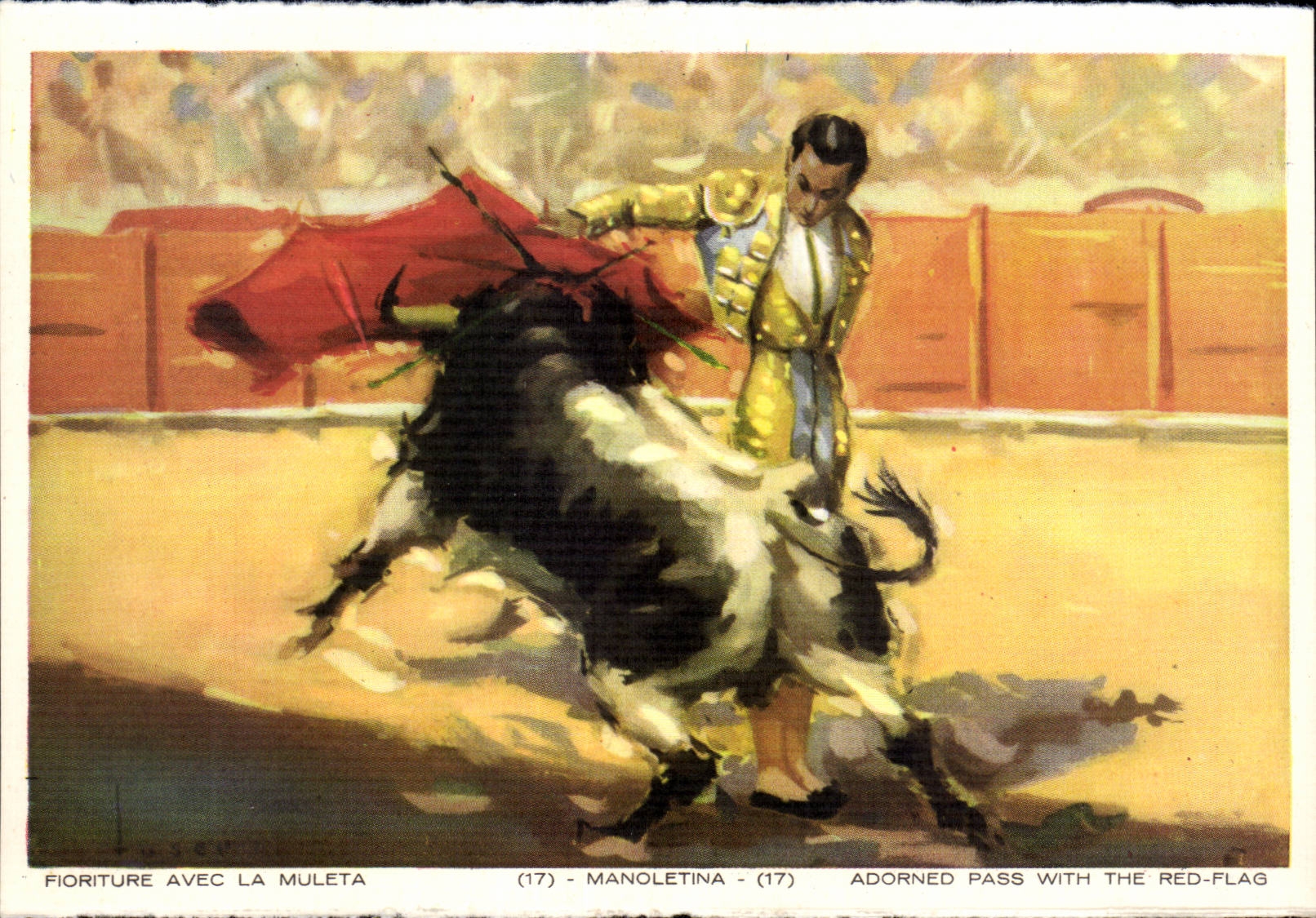 CPA Corrida Fioriture avec la muletta Taureau