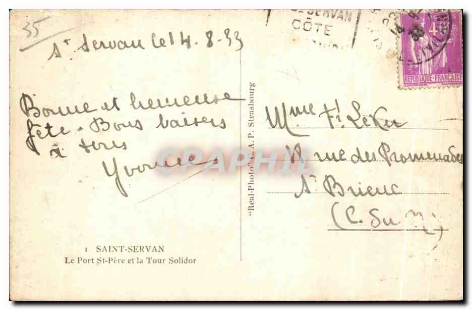 Saint-Servan — Le Port St-Père et la Tour Solidor — A.P. Strasbourg — Verso