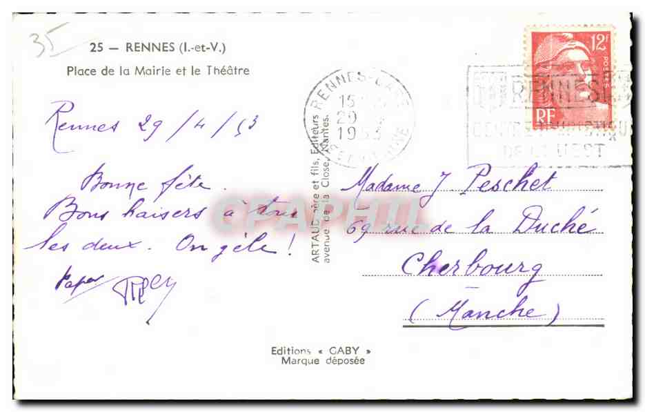 Rennes (Ille-et-Vilaine) — Place de la Mairie et du Théâtre — Éditions Caby, n°35 — Verso