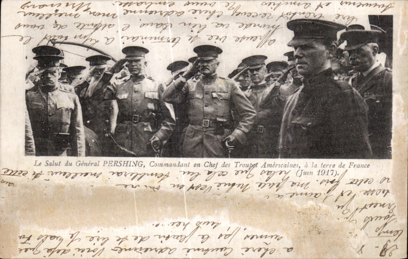 Antike Ansichtskarte Der Gruß des Generals Pershing, Oberkommandanten der Amerikaner, an das Land Frankreich Militaria