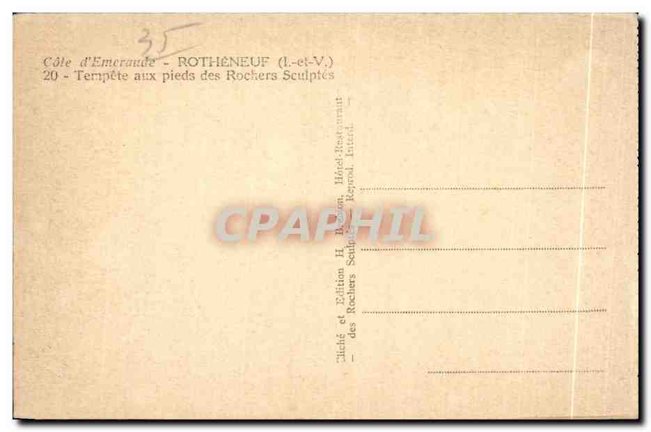 Côte d'Émeraude - ROTHÈNEUF (I.-et-V.) — Tempête aux pieds des Rochers Sculptés — Édition H. Bazon — Verso