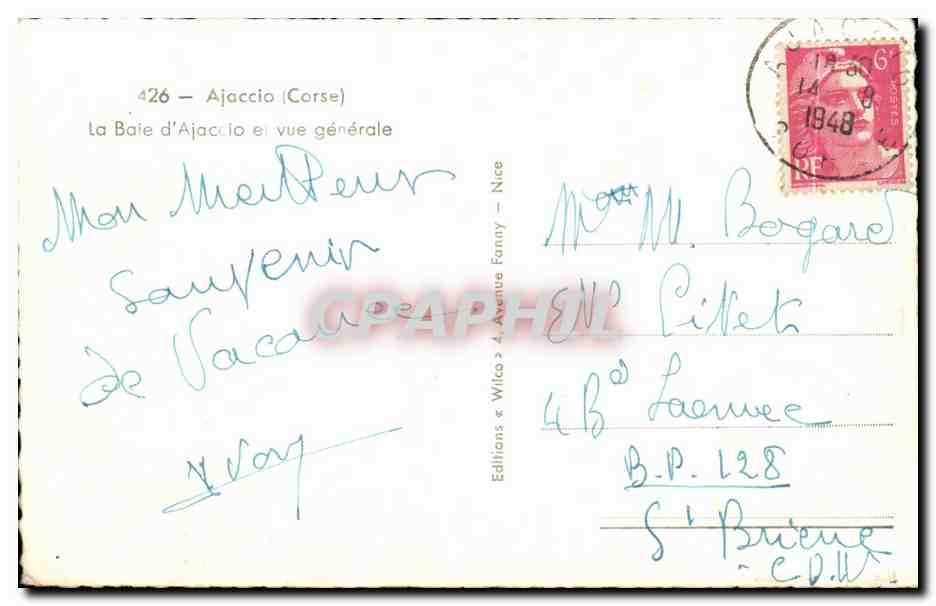 La Baie d'Ajaccio — vue générale — Editions « Wilco » 4 Avenue Fanny, Nice — n° 426 — Verso