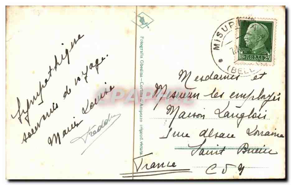 CPA Italie italia Misurina  — Rückseite
