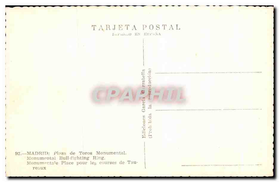 Madrid — Plaza de Toros Monumental — Éditions García y Rrabella, n° 92 — Rückseite
