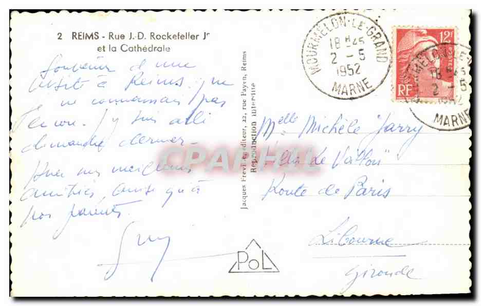 CPA Reims Rue J D Rockefeller J et la Cathedrale — Verso