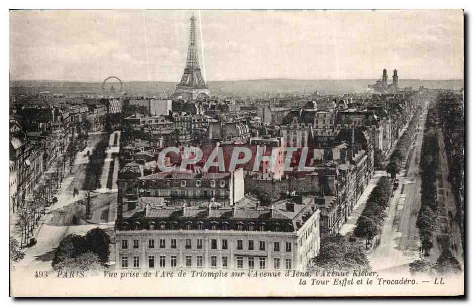 CPA Paris Vue prise de l Arc de Triomphe sur l Avenue de lena l Acenue Kieber la Tour Eiffel et le Trocadero Tour Eiffe