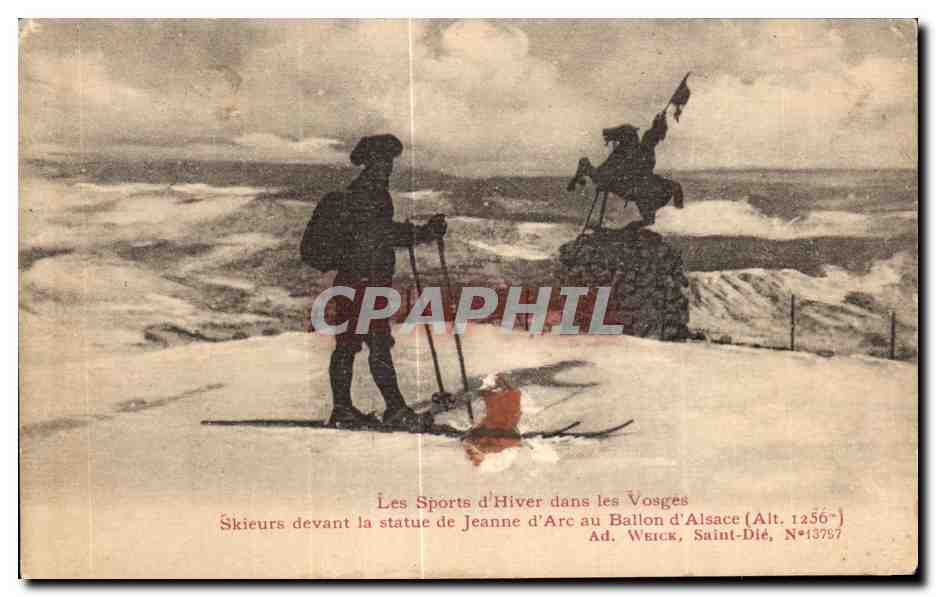 Skieurs devant la statue de Jeanne d'Arc au Ballon d'Alsace (Alt. 1256-) — Ad. Weick, Saint-Dié, N°13797