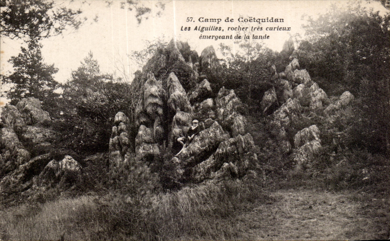 CPA Camp de Coetquidan Aiguilles rocher tres curieux emergeant de la lande