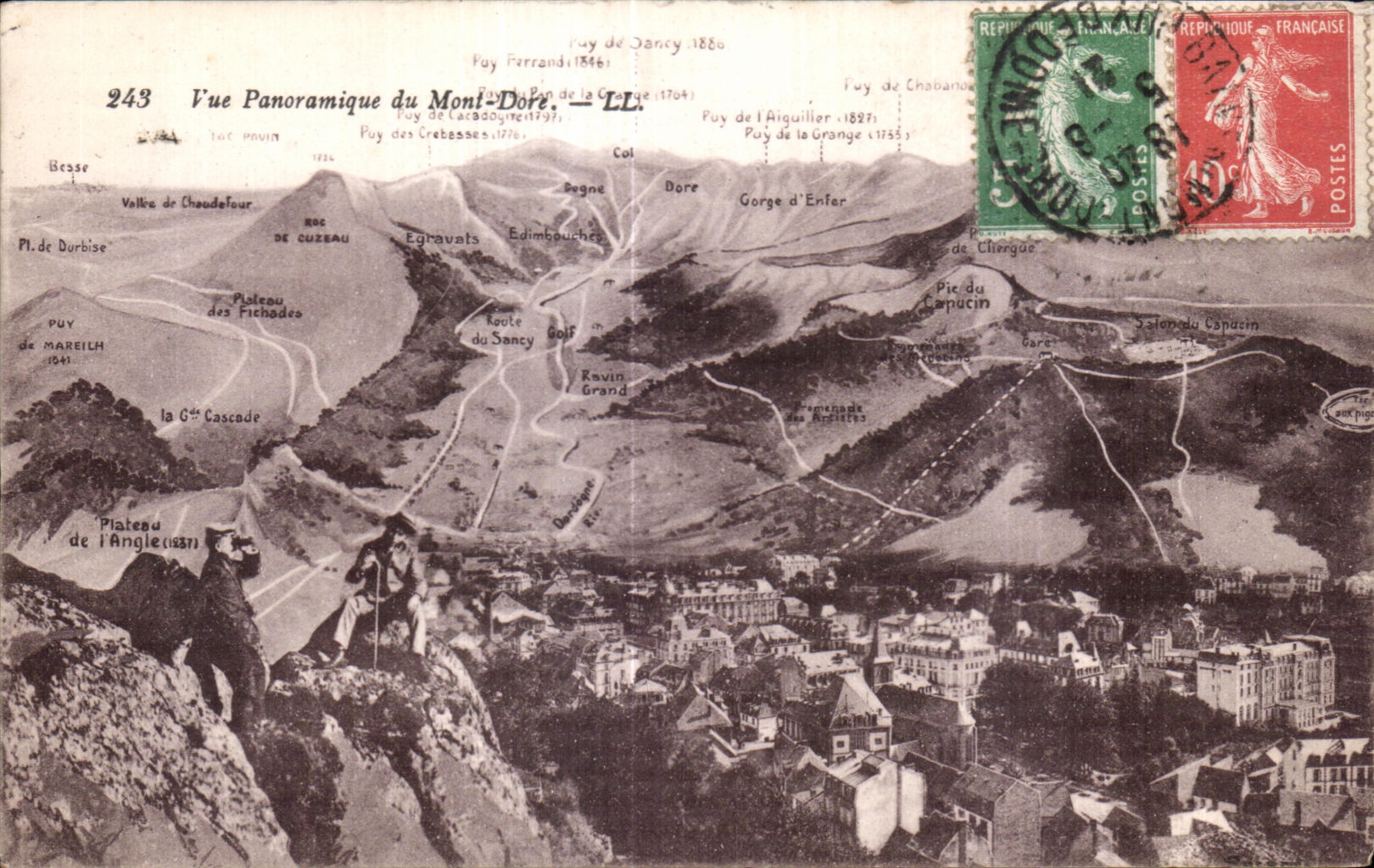 Vue Panoramique du Mont-Dore — Puy de Dancy 1880, Puy de l'Aiguiller 1787 — éditeur LL