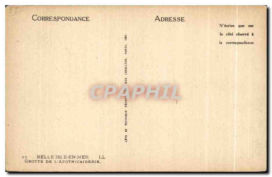 Grotte de l'Apothicaire — Belle-Île-en-Mer — Éditeur Levy et Neugierlin, Paris — Verso