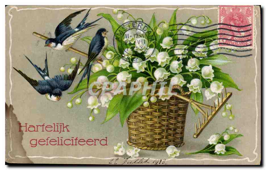 CPA Fantaisie Fleurs Hirondelles Muguet