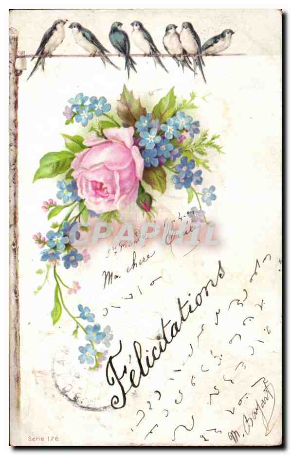 Oiseaux sur fil — bouquet de rose et de fleurs bleues — Série 176, éditeur M. Bérandt