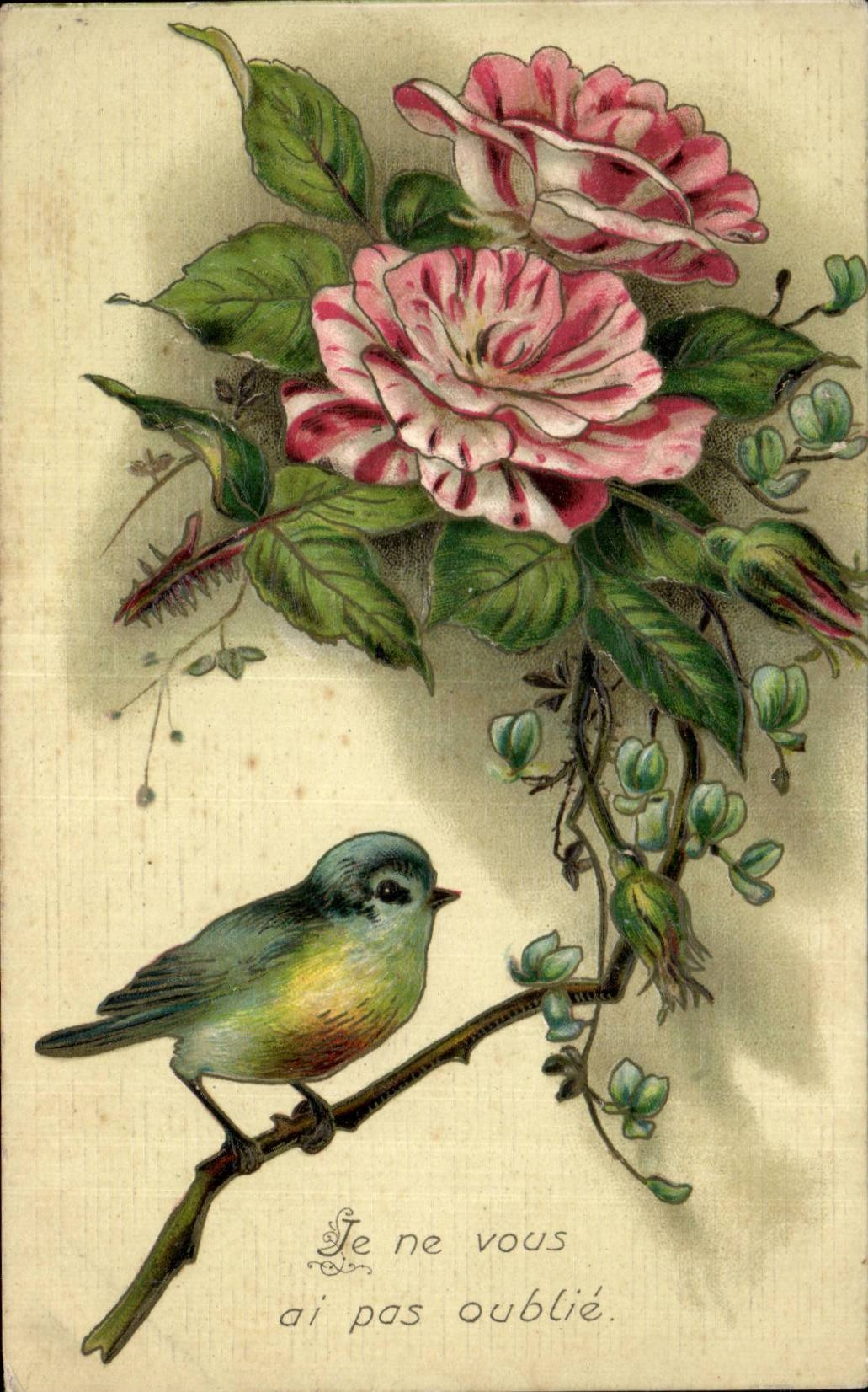 CPA Fantaisie Fleurs Roses Oiseau