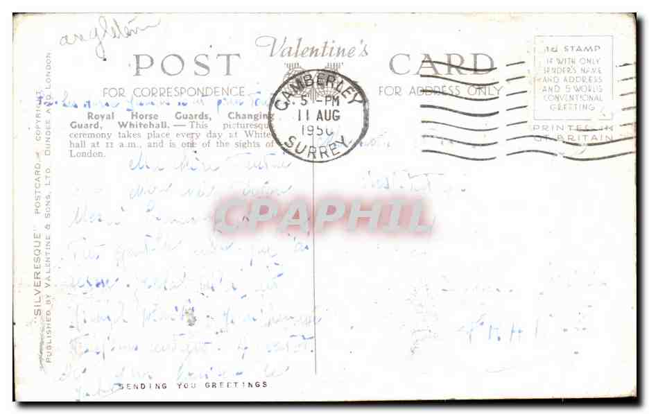Angleterre - England - Royal Horse Guards - Changing Guards - Whitehall - CPA  — Rückseite